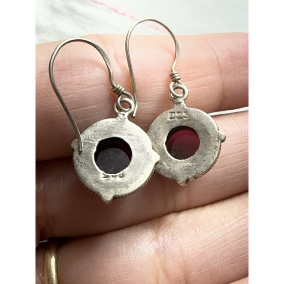 Vintage 925 Sterling Silver Red Cabochon Drop Earrings Garnet Look - Picture 10 of 10